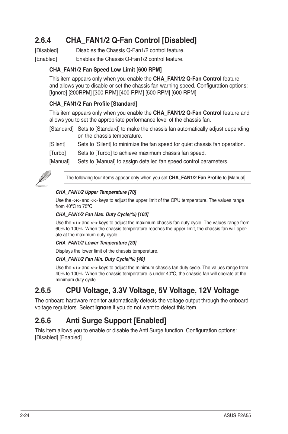 4 cha_fan1/2 q-fan control [disabled, 6 anti surge support [enabled, Cha_fan1/2 q-fan control [disabled] -24 | Anti surge support [enabled] -24 | Asus F2A55 User Manual | Page 70 / 82