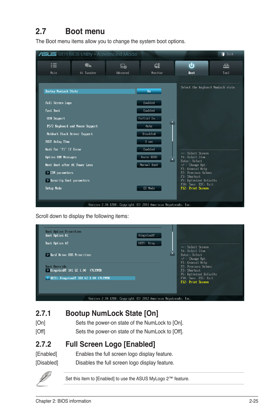 7 boot menu, 1 bootup numlock state [on, 2 full screen logo [enabled | 7 boot menu -25, Bootup numlock state [on] -25, Full screen logo [enabled] -25 | Asus F2A55 User Manual | Page 71 / 82