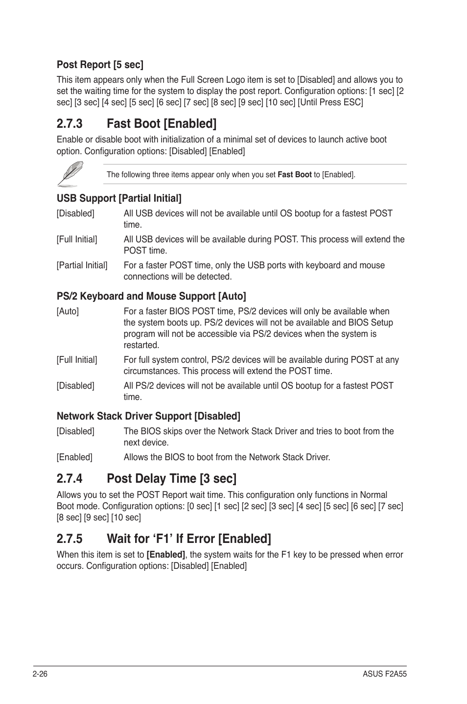 3 fast boot [enabled, 4 post delay time [3 sec, 5 wait for ‘f1’ if error [enabled | Fast boot [enabled] -26, Post delay time [3 sec] -26, Wait for ‘f1’ if error [enabled] -26 | Asus F2A55 User Manual | Page 72 / 82