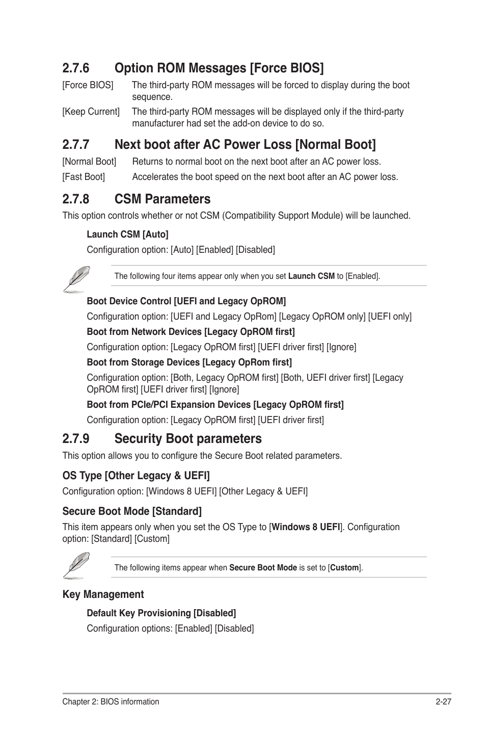 6 option rom messages [force bios, 7 next boot after ac power loss [normal boot, 8 csm parameters | 9 security boot parameters, Option rom messages [force bios] -27, Next boot after ac power loss [normal boot] -27, Csm parameters -27, Security boot parameters -27 | Asus F2A55 User Manual | Page 73 / 82