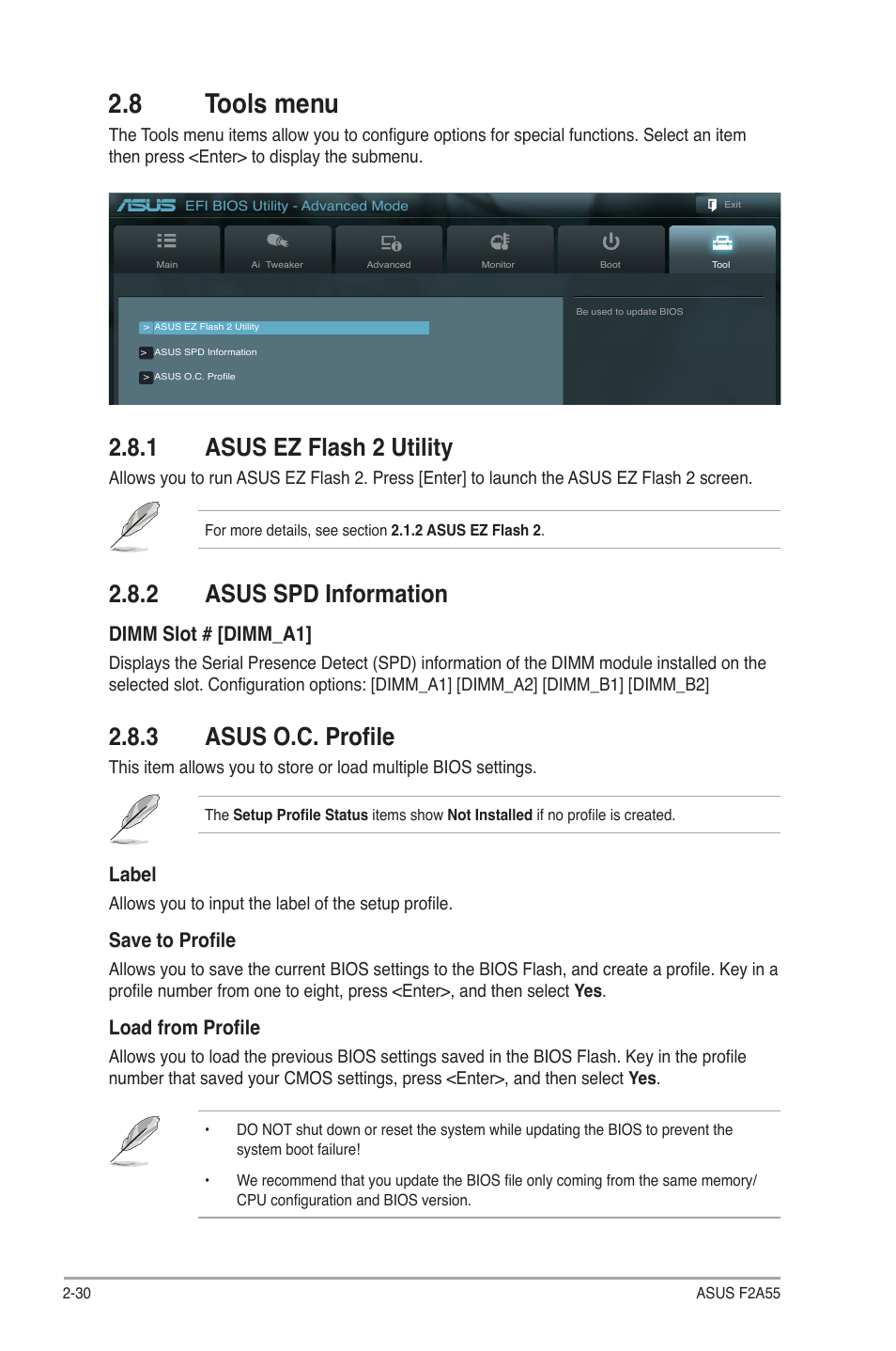 8 tools menu, 1 asus ez flash 2 utility, 2 asus spd information | 3 asus o.c. profile, 8 tools menu -30, Asus ez flash 2 utility -30, Asus spd information -30, Asus o.c. profile -30, Label, Save to profile | Asus F2A55 User Manual | Page 76 / 82