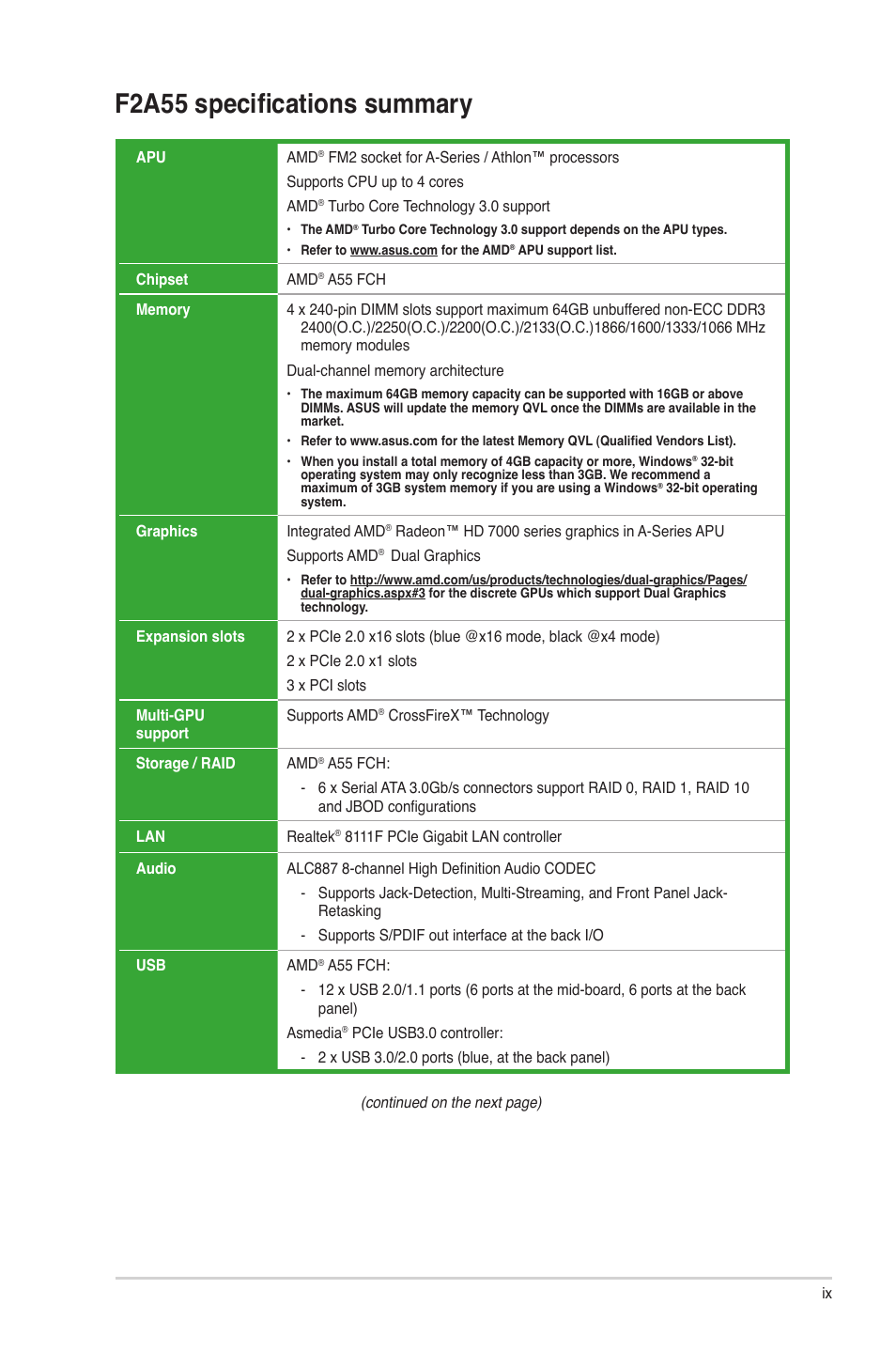 F2a55 specifications summary | Asus F2A55 User Manual | Page 9 / 82