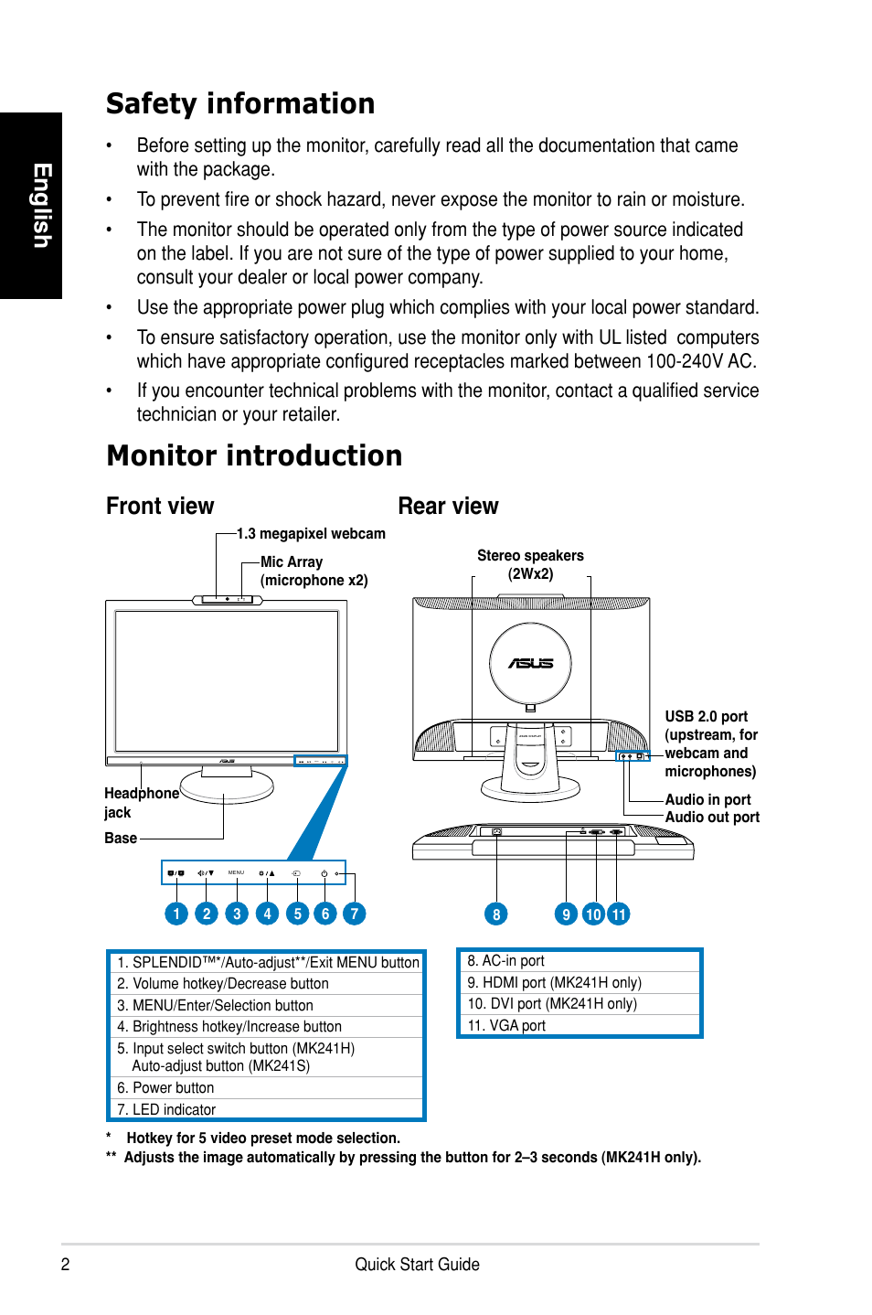 Safety information, Monitor introduction, English | Front view rear view | Asus MK241H User Manual | Page 2 / 6