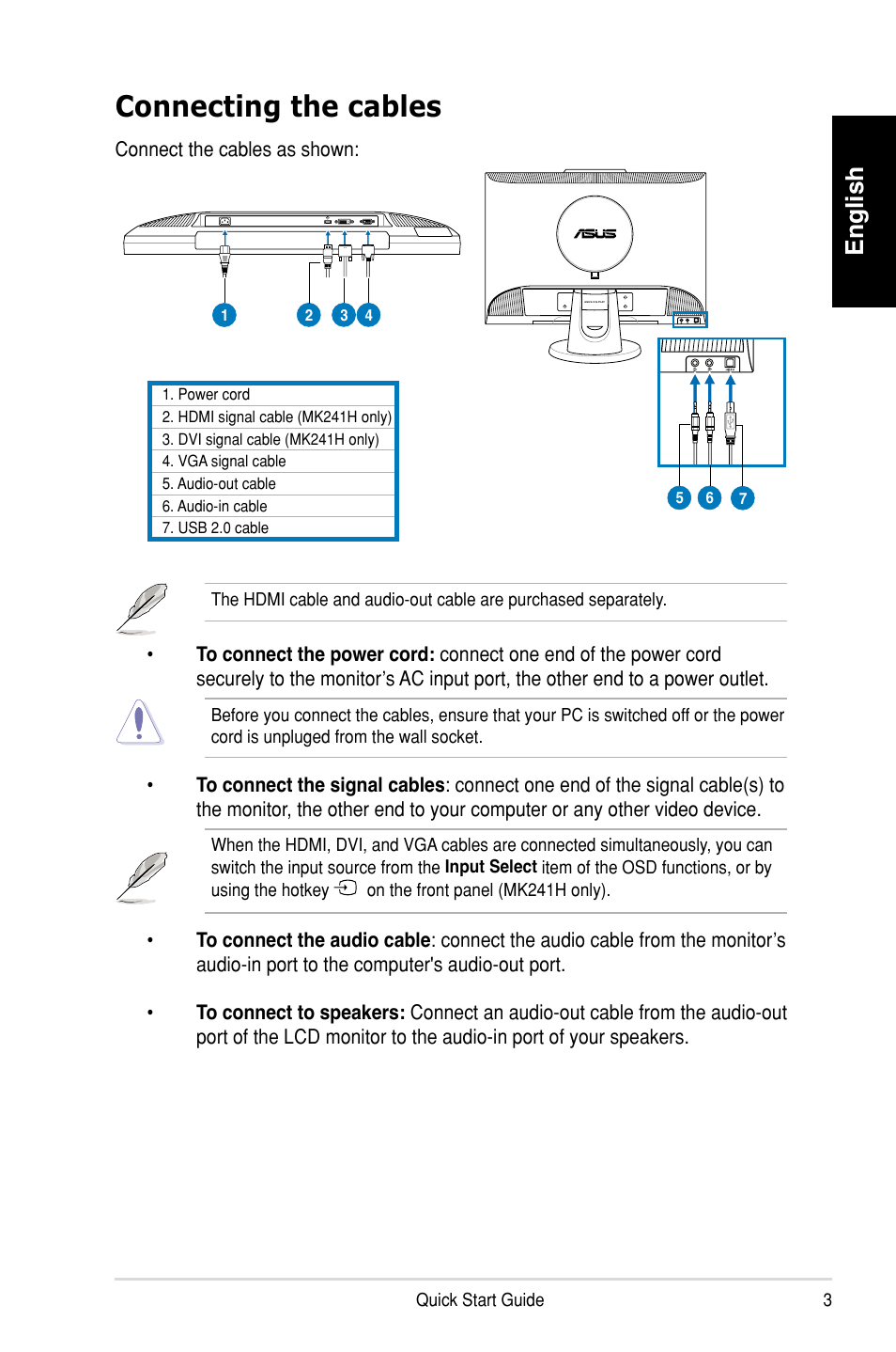 Connecting the cables, English | Asus MK241H User Manual | Page 3 / 6