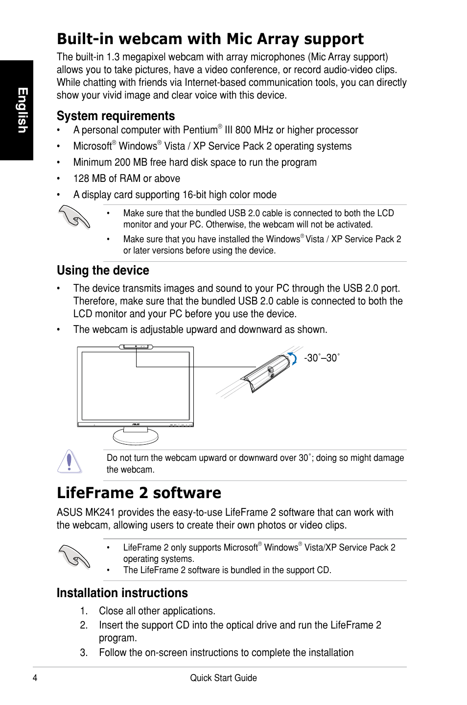 Built-in webcam with mic array support, Lifeframe 2 software, English | System requirements, Using the device, Installation instructions | Asus MK241H User Manual | Page 4 / 6