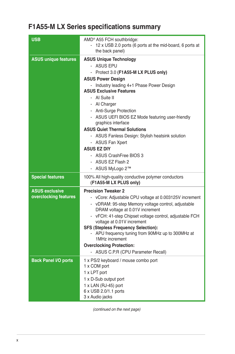 F1a55-m lx series specifications summary | Asus F1A55-M LX PLUS User Manual | Page 10 / 70