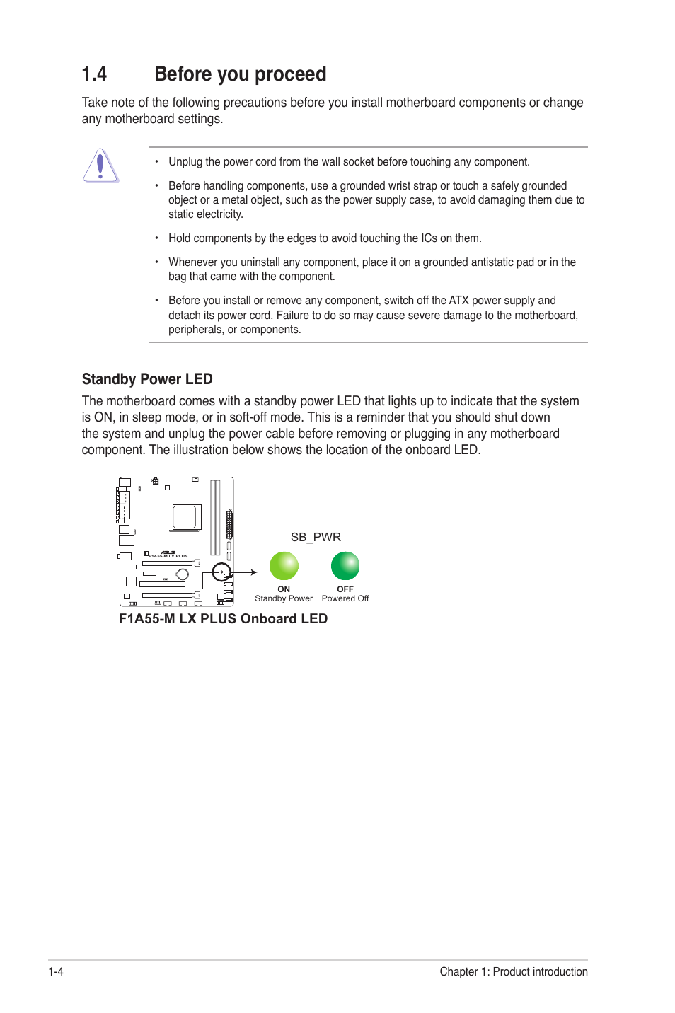 4 before you proceed, Before you proceed -4, Standby power led | Asus F1A55-M LX PLUS User Manual | Page 16 / 70