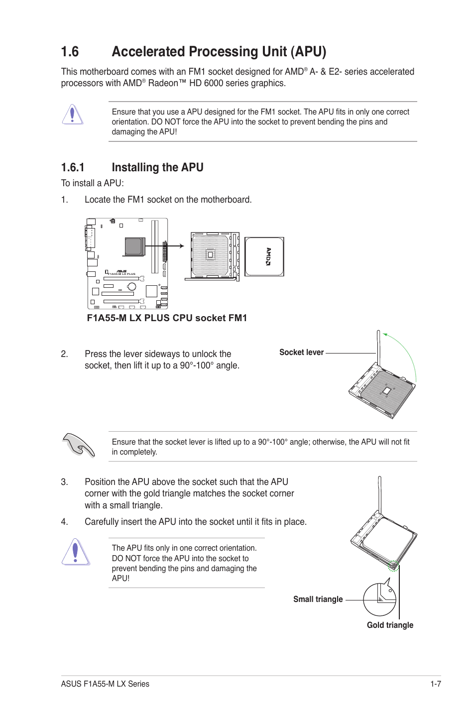 6 accelerated processing unit (apu), 1 installing the apu, Accelerated processing unit (apu) -7 1.6.1 | Installing the apu -7 | Asus F1A55-M LX PLUS User Manual | Page 19 / 70