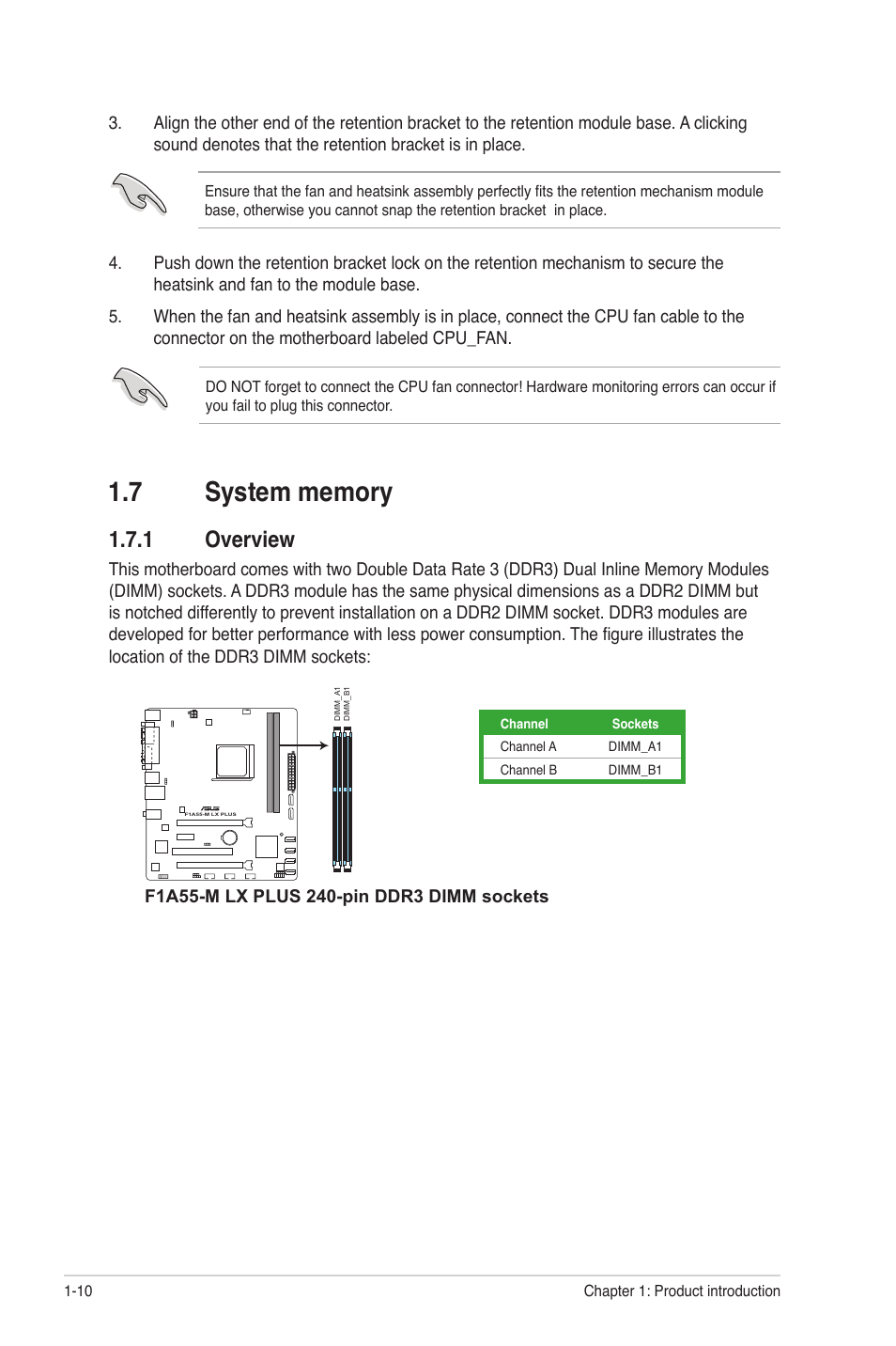 7 system memory, 1 overview, System memory -10 1.7.1 | Overview -10 | Asus F1A55-M LX PLUS User Manual | Page 22 / 70