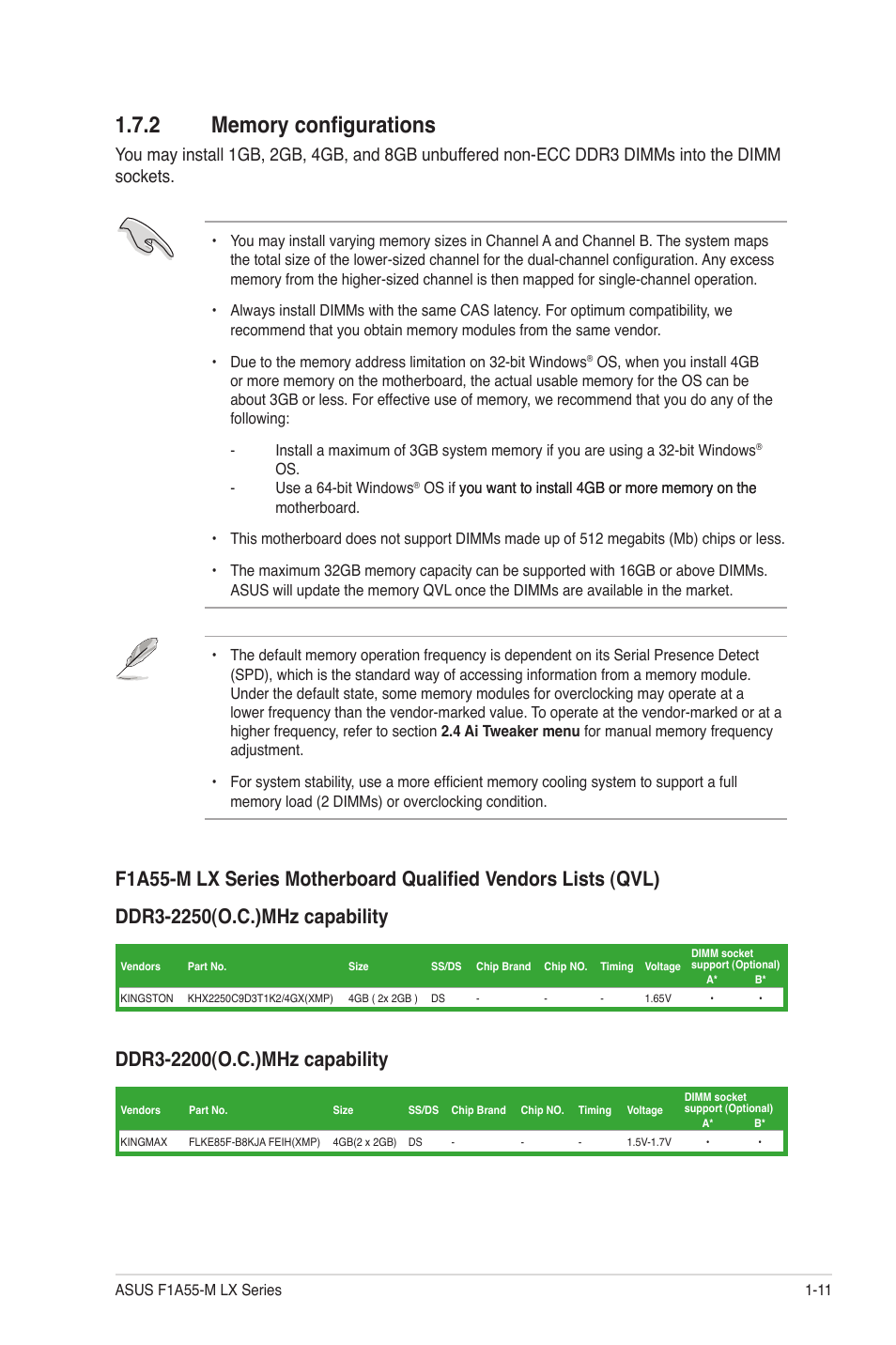 2 memory configurations, Memory configurations -11 | Asus F1A55-M LX PLUS User Manual | Page 23 / 70