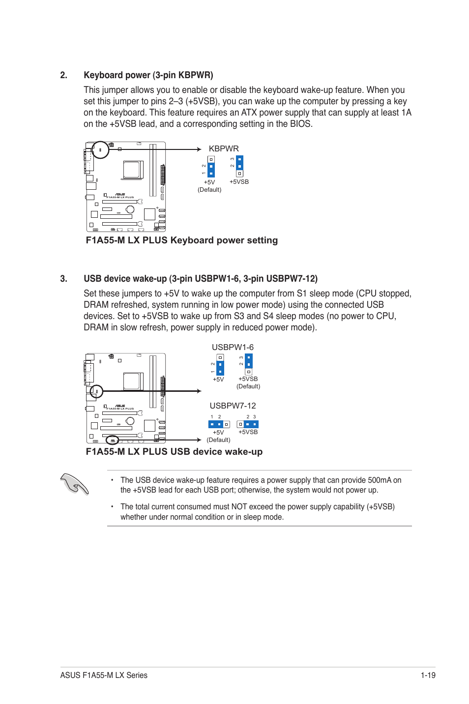 F1a55-m lx plus keyboard power setting, F1a55-m lx plus usb device wake-up | Asus F1A55-M LX PLUS User Manual | Page 31 / 70