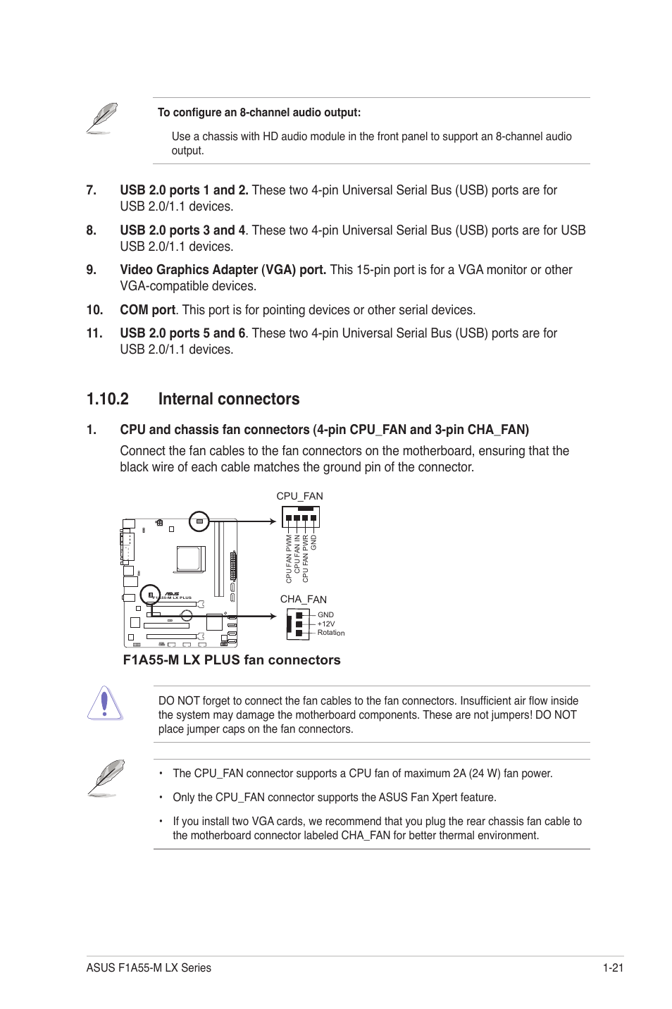 2 internal connectors, 2 internal connectors -21, F1a55-m lx plus fan connectors | Asus F1A55-M LX PLUS User Manual | Page 33 / 70