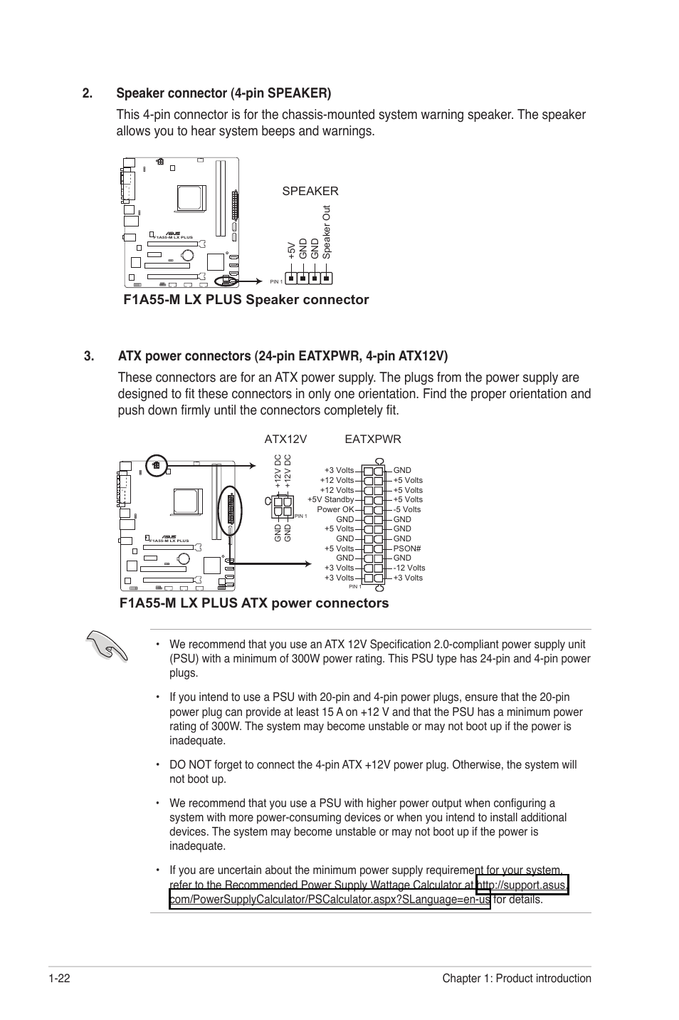 F1a55-m lx plus speaker connector, F1a55-m lx plus atx power connectors | Asus F1A55-M LX PLUS User Manual | Page 34 / 70