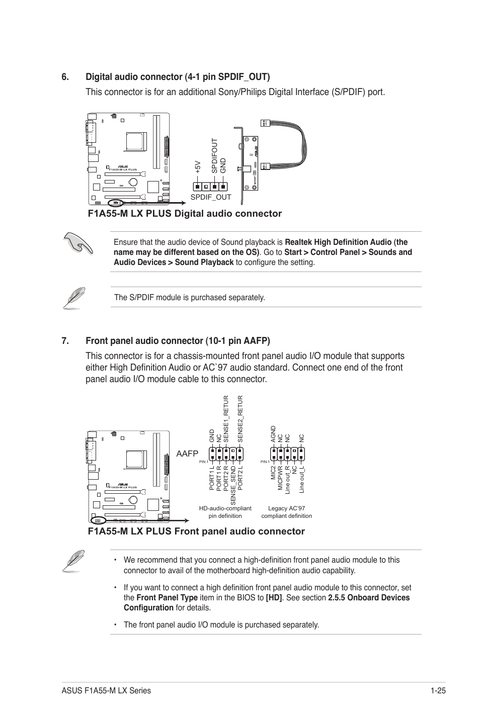 F1a55-m lx plus digital audio connector, F1a55-m lx plus front panel audio connector | Asus F1A55-M LX PLUS User Manual | Page 37 / 70