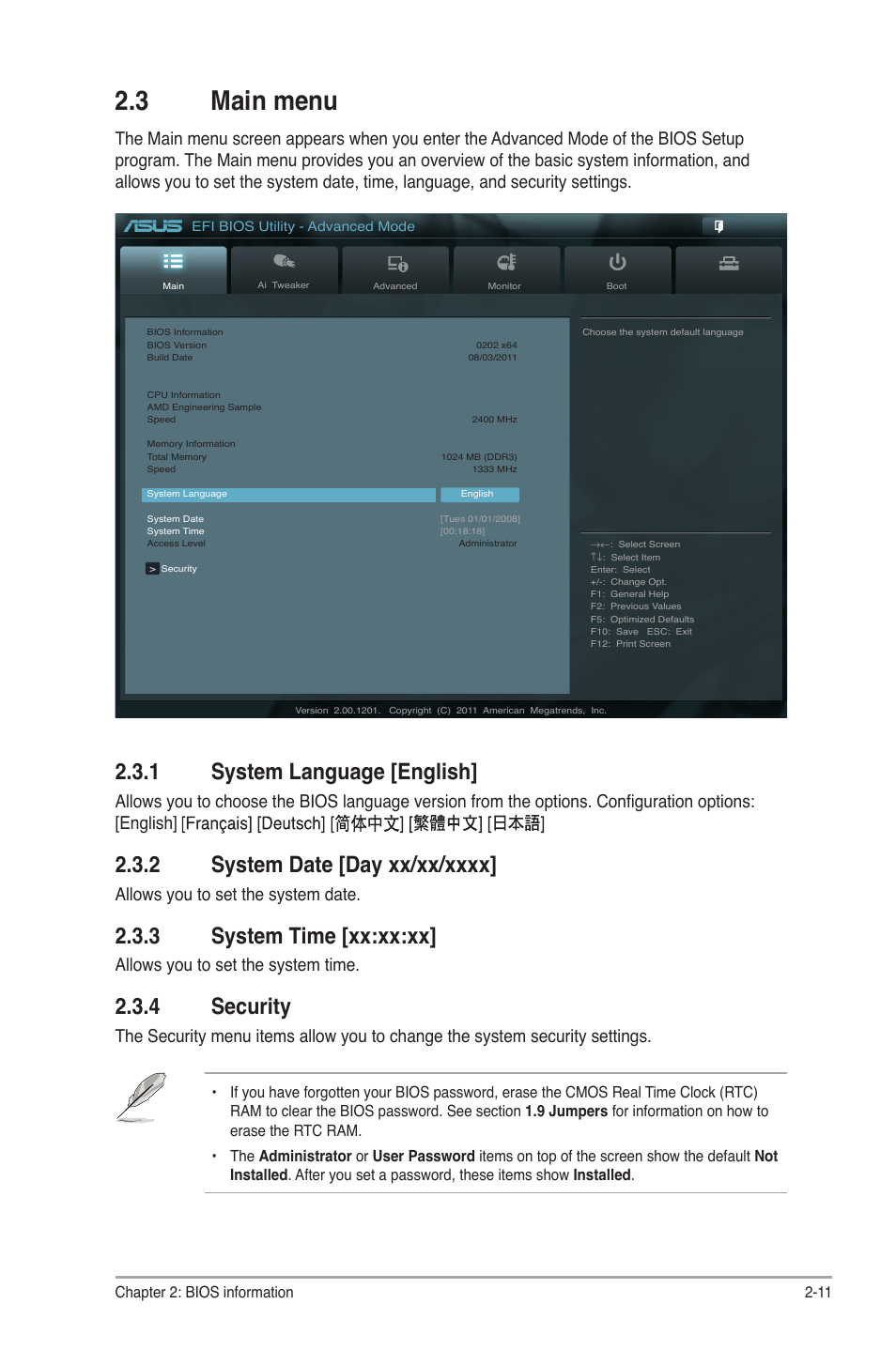 3 main menu, 1 system language [english, 2 system date [day xx/xx/xxxx | 3 system time [xx:xx:xx, 4 security, Main menu -11 2.3.1, System language [english] -11, System date [day xx/xx/xxxx] -11, System time [xx:xx:xx] -11, Security -11 | Asus F1A55-M LX PLUS User Manual | Page 51 / 70