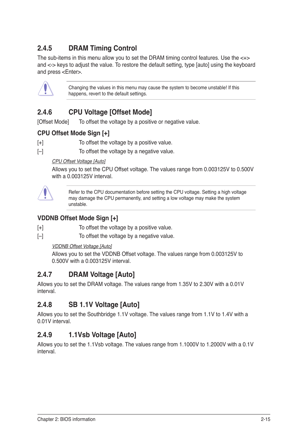 5 dram timing control, 6 cpu voltage [offset mode, 7 dram voltage [auto | 8 sb 1.1v voltage [auto, 9 1.1vsb voltage [auto, Dram timing control -15, Cpu voltage [offset mode] -15, Dram voltage [auto] -15, Sb 1.1v voltage [auto] -15, 1vsb voltage [auto] -15 | Asus F1A55-M LX PLUS User Manual | Page 55 / 70