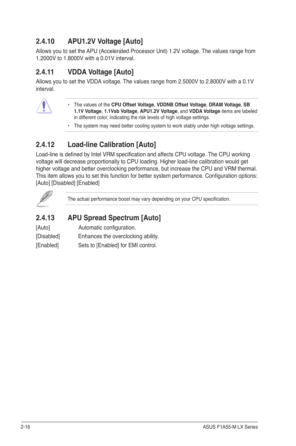 10 apu1.2v voltage [auto, 11 vdda voltage [auto, 12 load-line calibration [auto | 13 apu spread spectrum [auto | Asus F1A55-M LX PLUS User Manual | Page 56 / 70