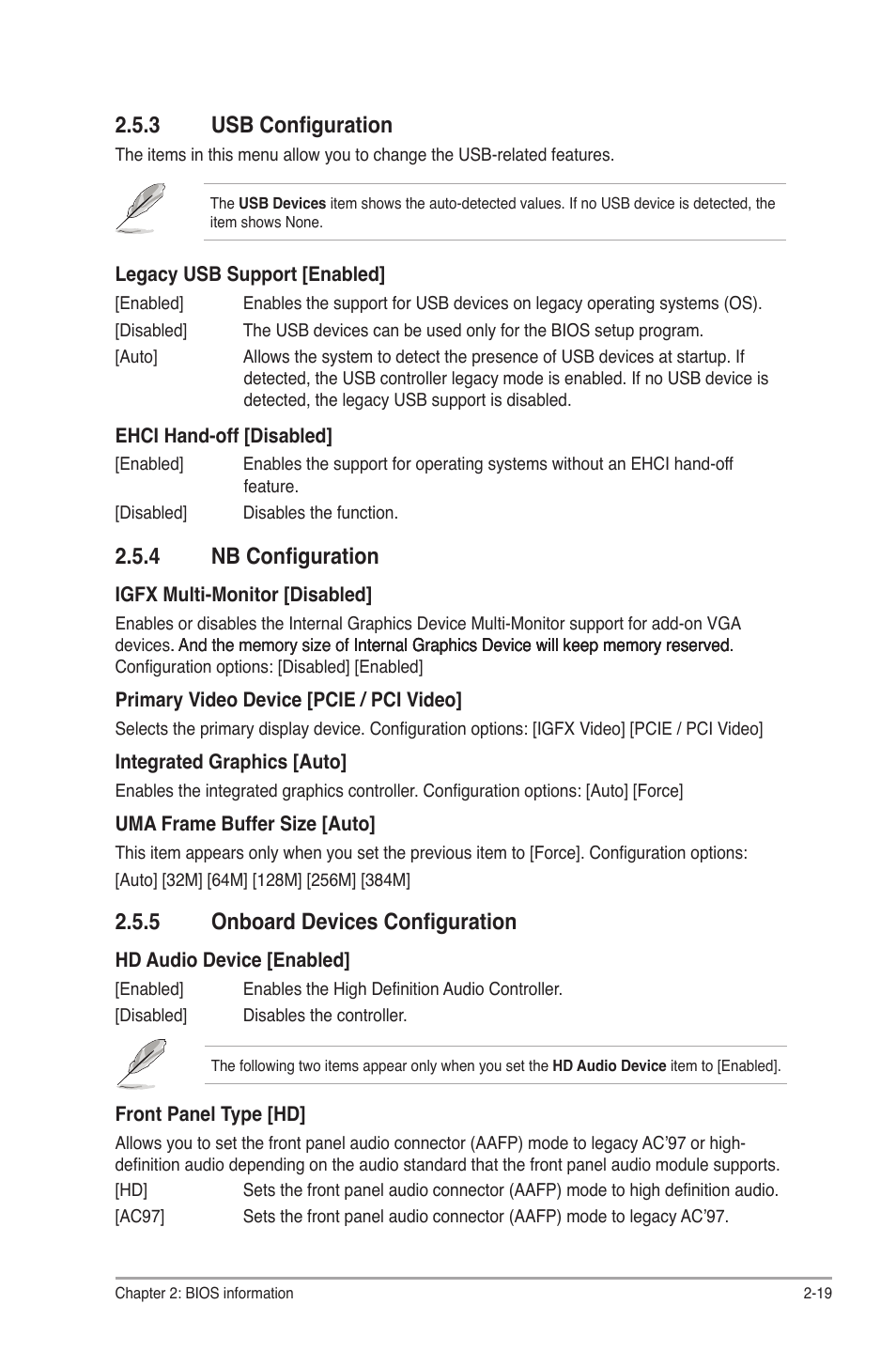 3 usb configuration, 4 nb configuration, 5 onboard devices configuration | Usb configuration -19, Nb configuration -19, Onboard devices configuration -19 | Asus F1A55-M LX PLUS User Manual | Page 59 / 70