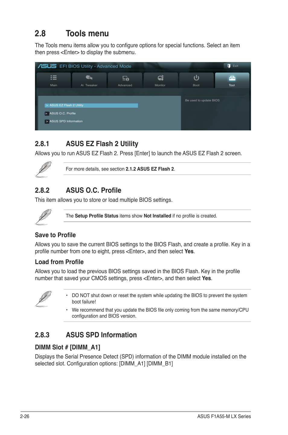 8 tools menu, 1 asus ez flash 2 utility, 2 asus o.c. profile | 3 asus spd information, Tools menu -26 2.8.1, Asus ez flash 2 utility -26, Asus o.c. profile -26, Asus spd information -26, Save to profile, Load from profile | Asus F1A55-M LX PLUS User Manual | Page 66 / 70