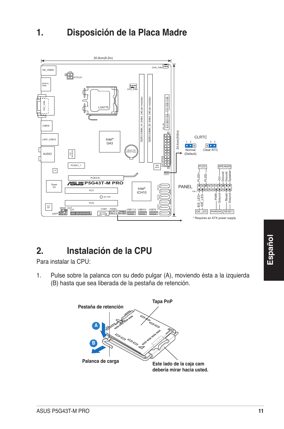 Español, Panel | Asus P5G43T-M PRO User Manual | Page 11 / 42