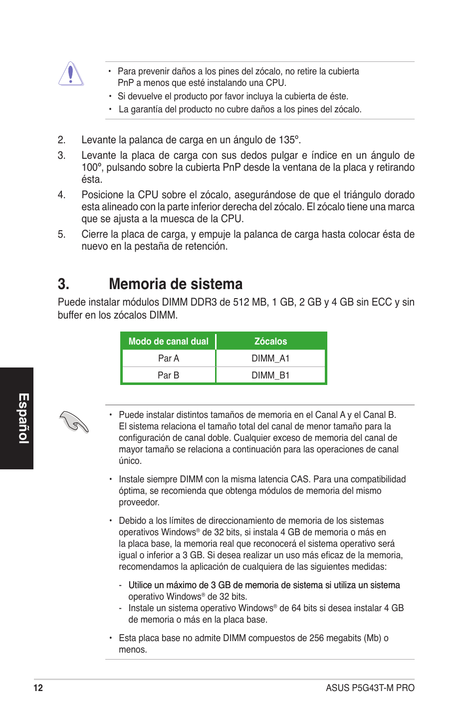 Español | Asus P5G43T-M PRO User Manual | Page 12 / 42