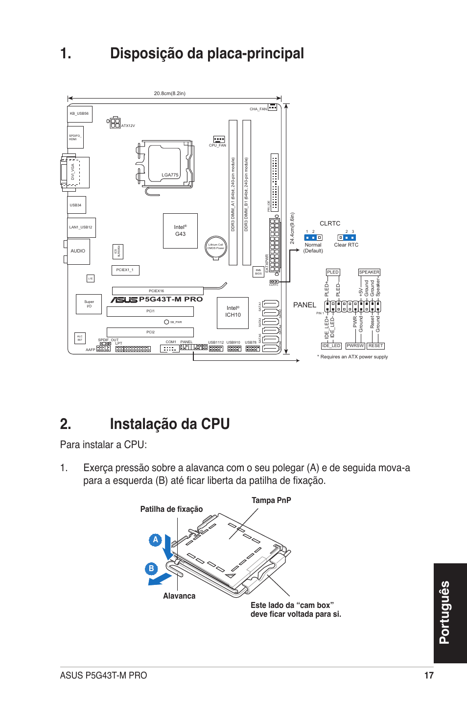 Disposição da placa-principal 2. instalação da cpu, Português, 1 asus p5g43t-m pro | Panel | Asus P5G43T-M PRO User Manual | Page 17 / 42