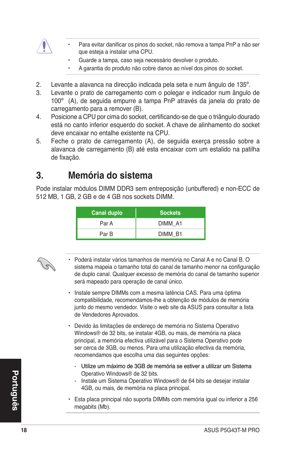 Memória do sistema, Português | Asus P5G43T-M PRO User Manual | Page 18 / 42