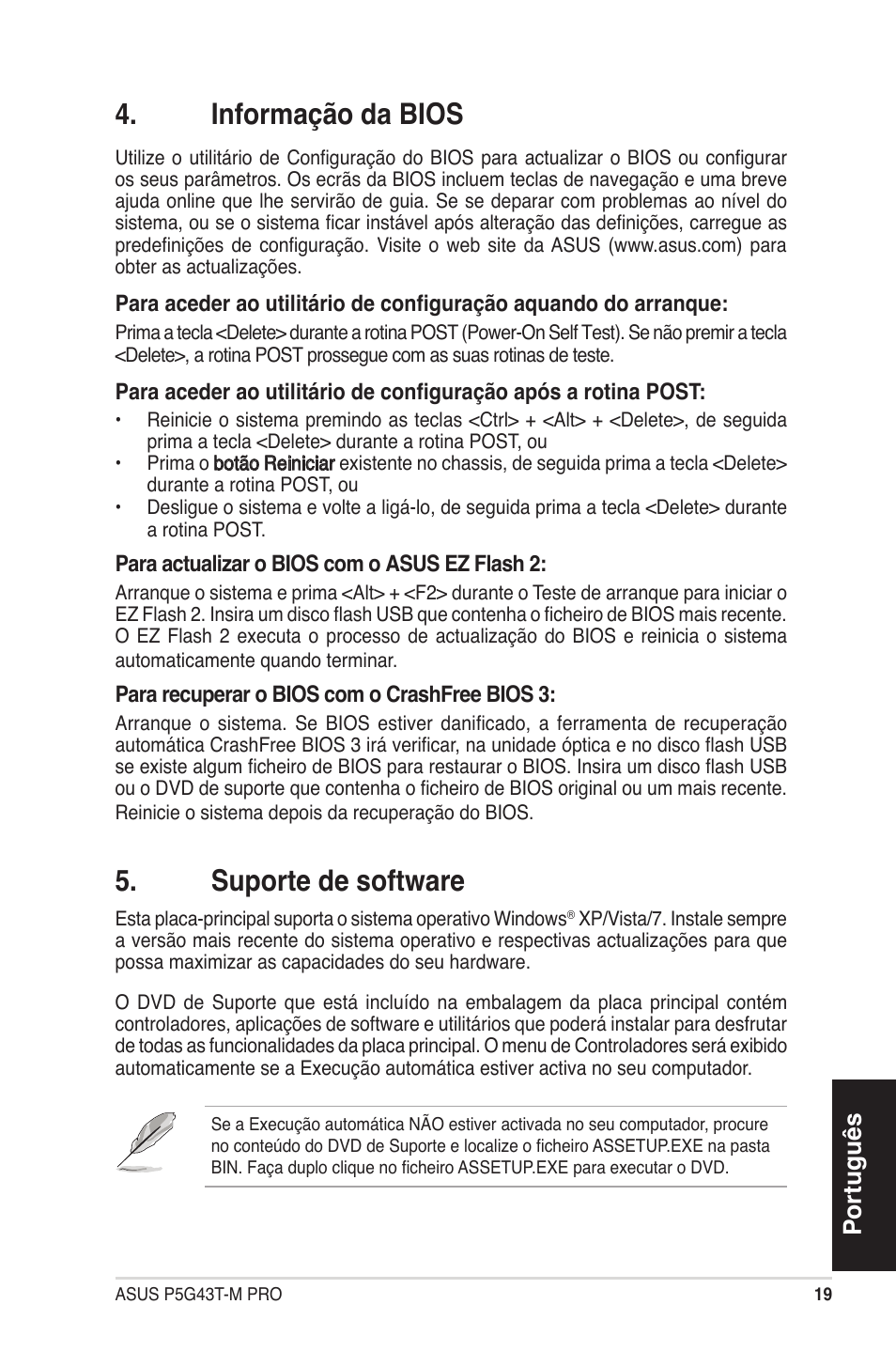 Informação da bios, Suporte de software, Português | Asus P5G43T-M PRO User Manual | Page 19 / 42