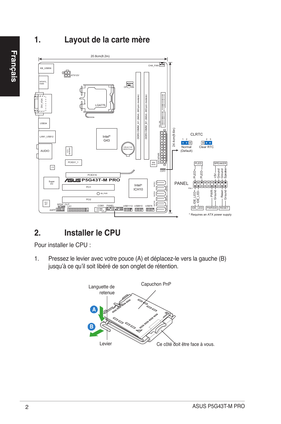 Installer le cpu, Layout de la carte mère, Français | Asus p5g43t-m pro a b, Panel | Asus P5G43T-M PRO User Manual | Page 2 / 42