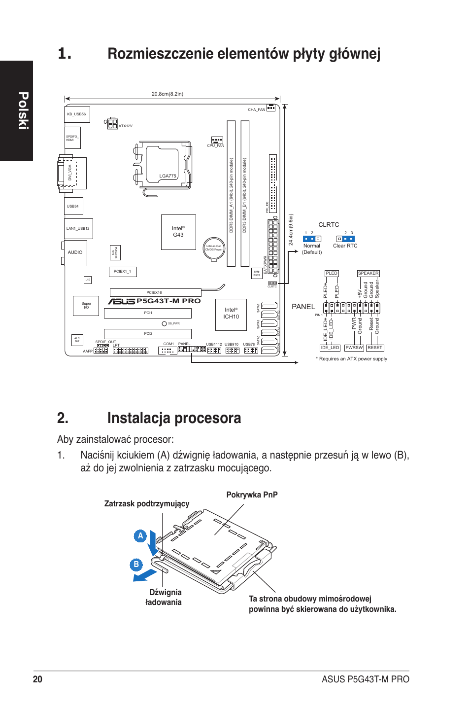 Polski, Panel | Asus P5G43T-M PRO User Manual | Page 20 / 42