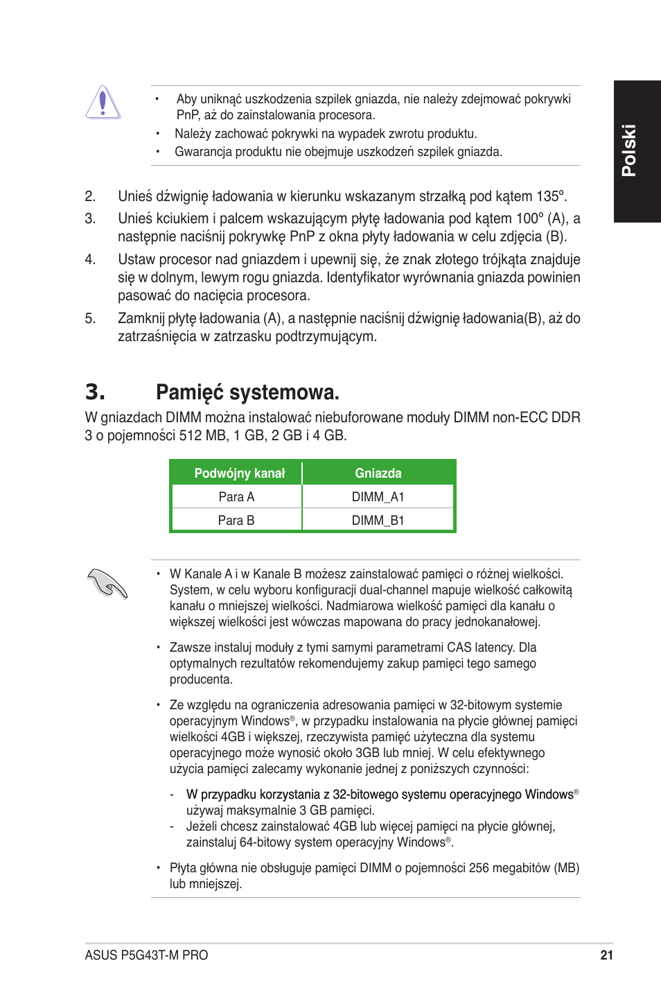 Pamięć systemowa, Polski | Asus P5G43T-M PRO User Manual | Page 21 / 42