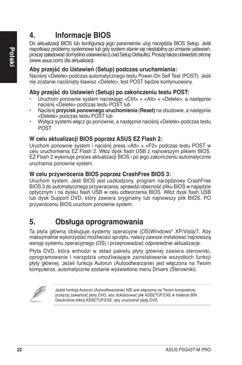 Informacje bios, Obsługa oprogramowania, Polski | Asus P5G43T-M PRO User Manual | Page 22 / 42