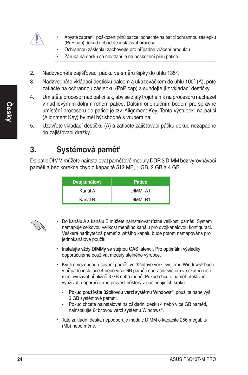 Systémová pamět, Česky | Asus P5G43T-M PRO User Manual | Page 24 / 42