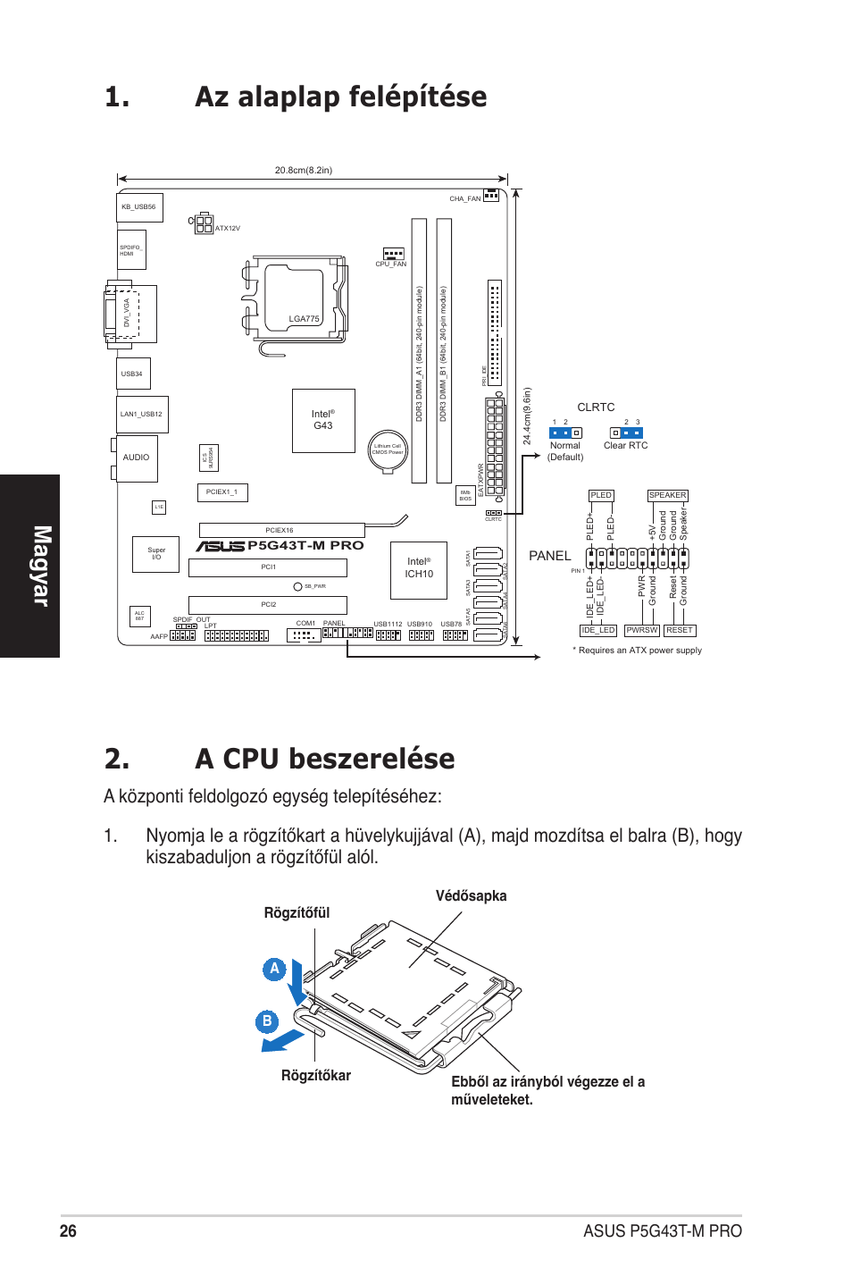 Az alaplap felépítése 2. a cpu beszerelése, Magyar, 2 asus p5g43t-m pro | Panel | Asus P5G43T-M PRO User Manual | Page 26 / 42