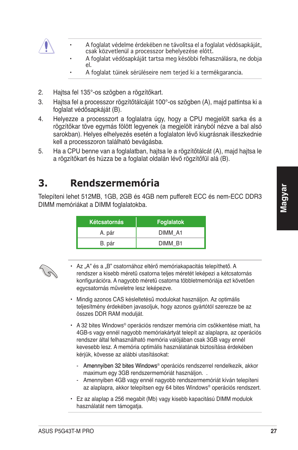 Rendszermemória, Magyar | Asus P5G43T-M PRO User Manual | Page 27 / 42