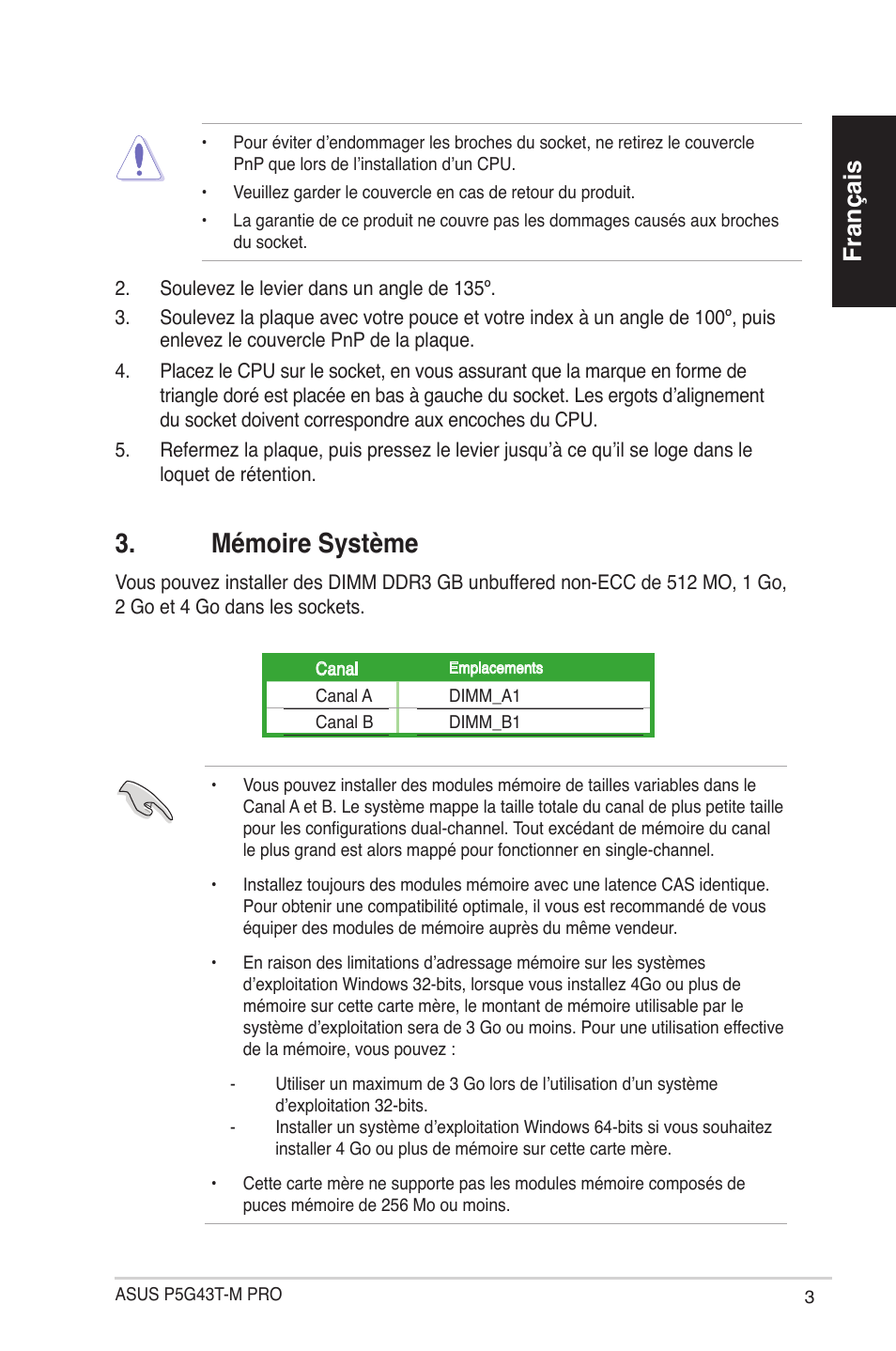 Mémoire système, Français | Asus P5G43T-M PRO User Manual | Page 3 / 42