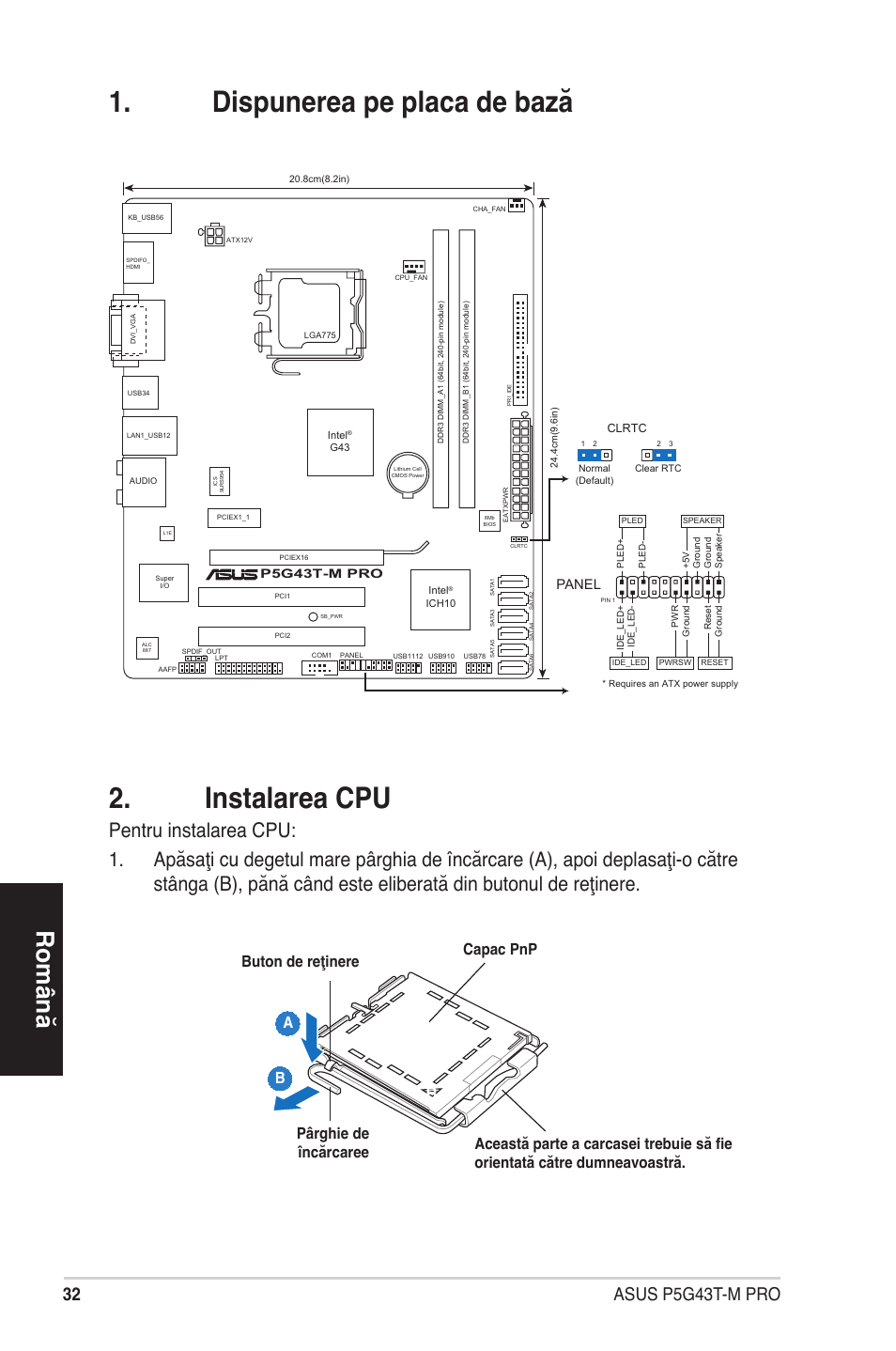 Dispunerea pe placa de bază 2. instalarea cpu, Română, Panel | Asus P5G43T-M PRO User Manual | Page 32 / 42