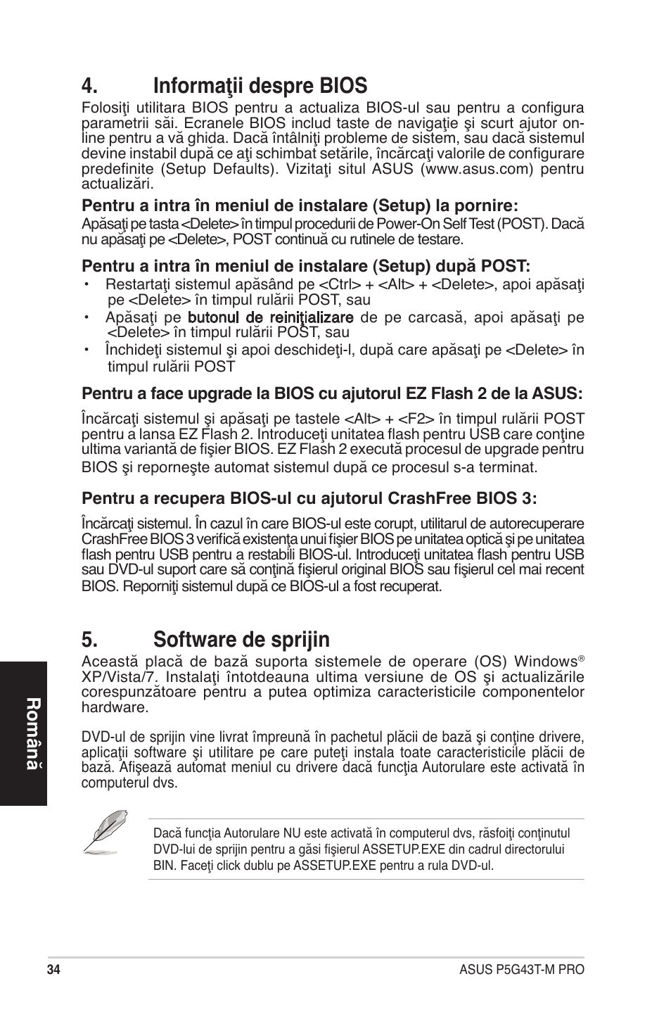 Informaţii despre bios, Software de sprijin, Română | Asus P5G43T-M PRO User Manual | Page 34 / 42