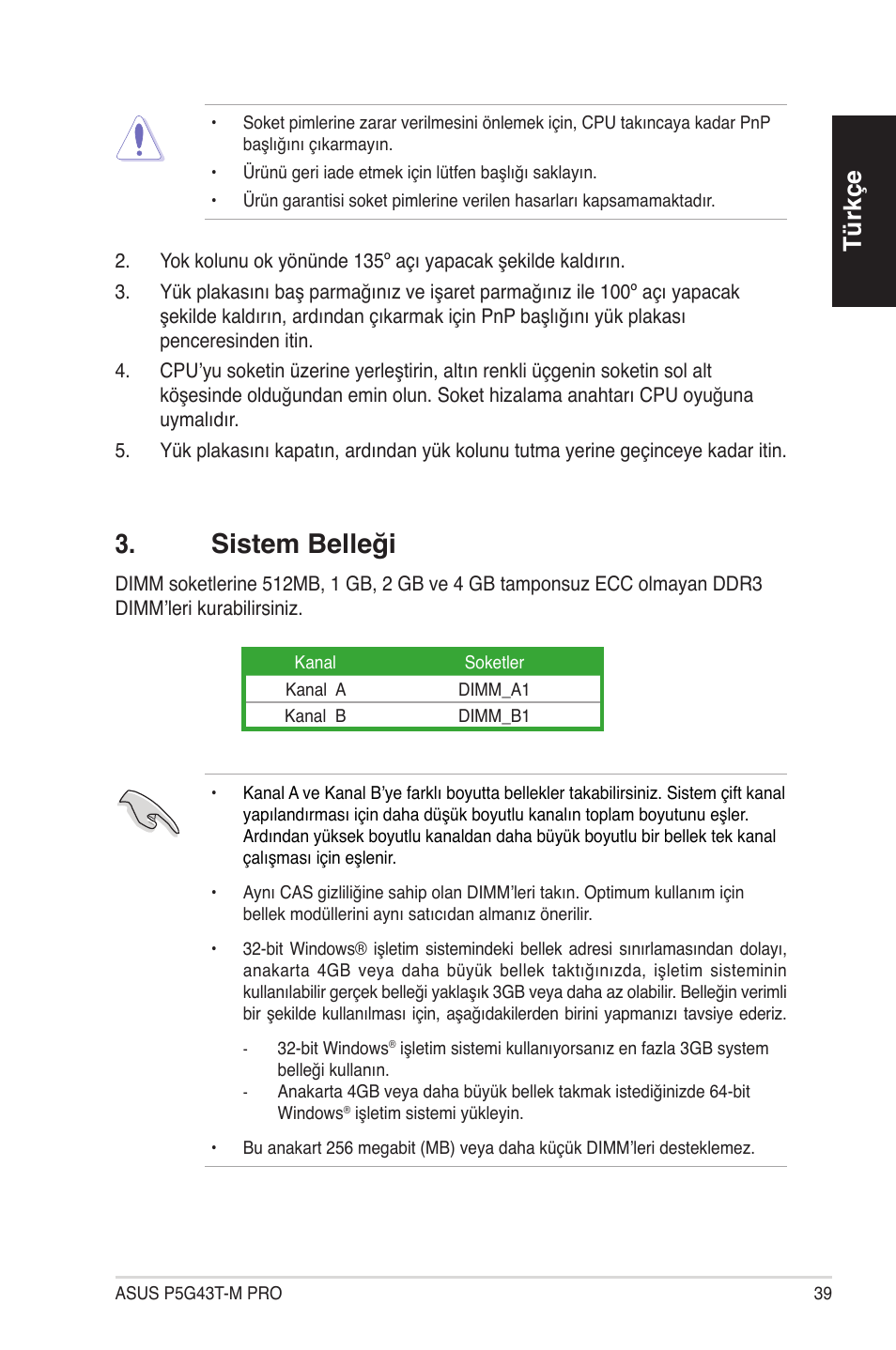 Sistem belleği, Türkçe | Asus P5G43T-M PRO User Manual | Page 39 / 42