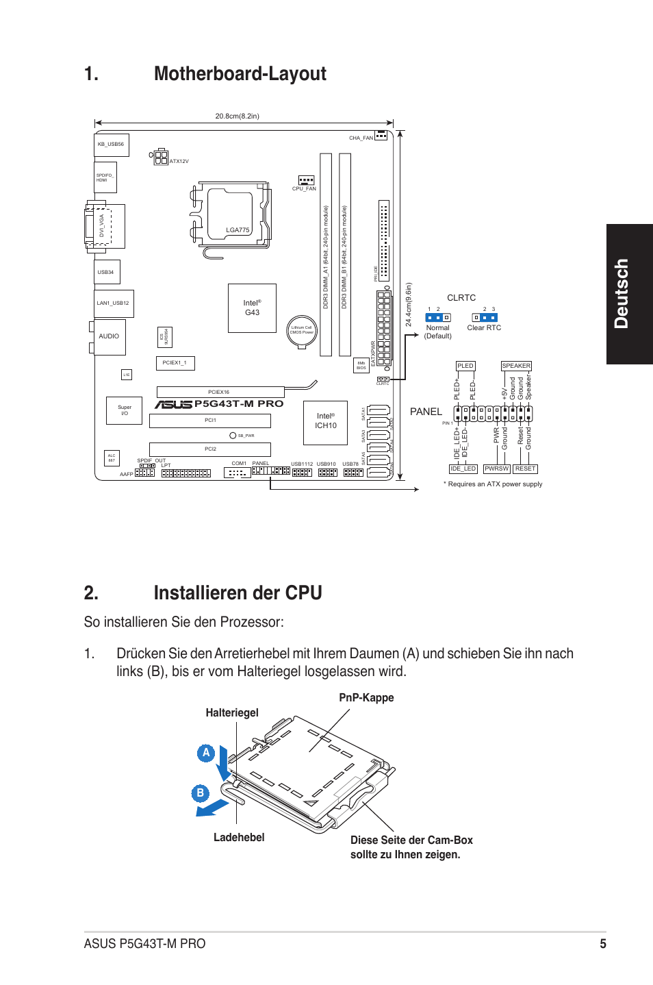 Motherboard-layout 2. installieren der cpu, Deutsch, 5asus p5g43t-m pro | Panel | Asus P5G43T-M PRO User Manual | Page 5 / 42