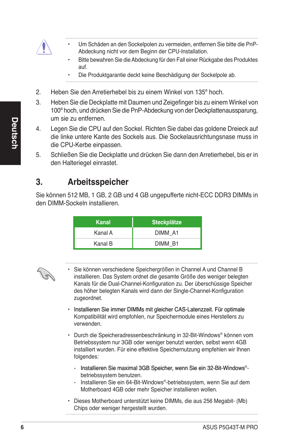 Arbeitsspeicher, Deutsch | Asus P5G43T-M PRO User Manual | Page 6 / 42