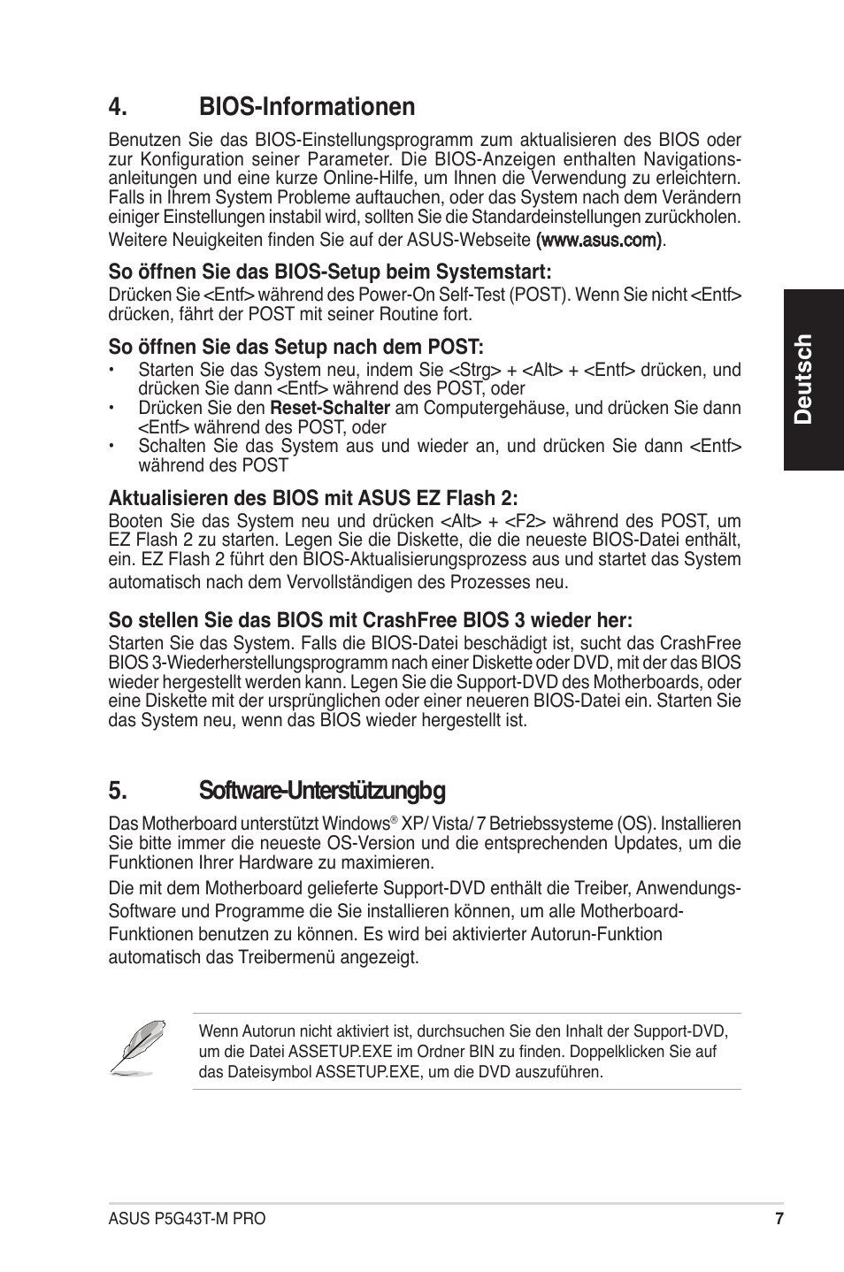 Bios-informationen, Software-unterstützungbg, Deutsch | Asus P5G43T-M PRO User Manual | Page 7 / 42