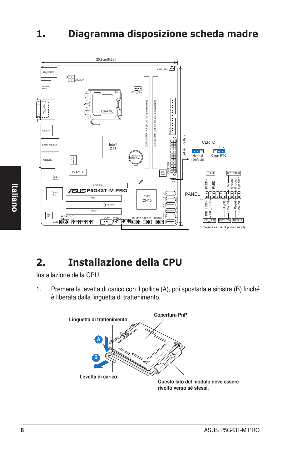 Italiano, Asus p5g43t-m pro, Panel | Asus P5G43T-M PRO User Manual | Page 8 / 42