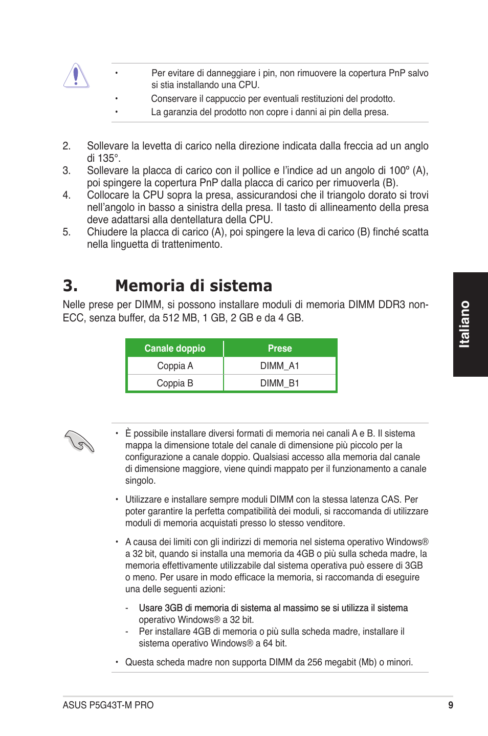 Italiano | Asus P5G43T-M PRO User Manual | Page 9 / 42