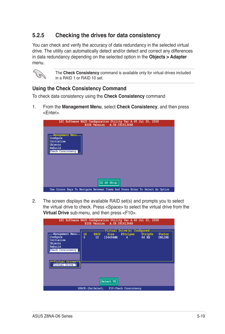 5 checking the drives for data consistency, Using the check consistency command | Asus Z8NA-D6C User Manual | Page 121 / 168