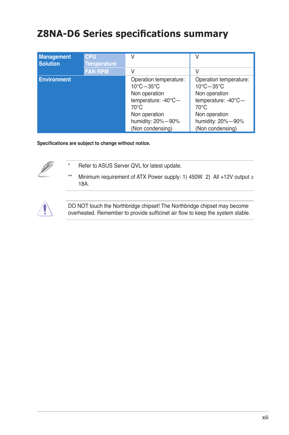 Z8na-d6 series specifications summary | Asus Z8NA-D6C User Manual | Page 13 / 168