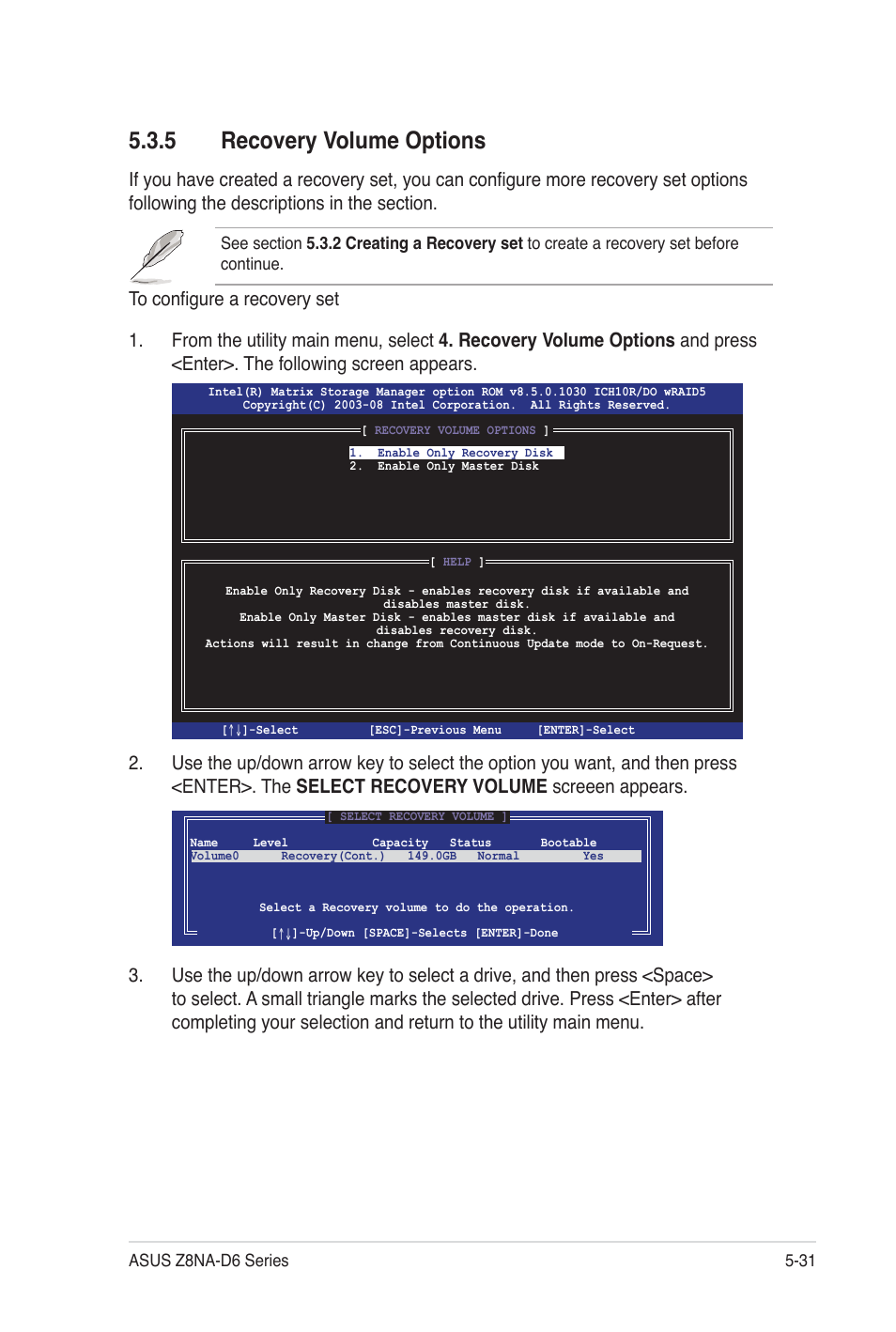 5 recovery volume options | Asus Z8NA-D6C User Manual | Page 133 / 168