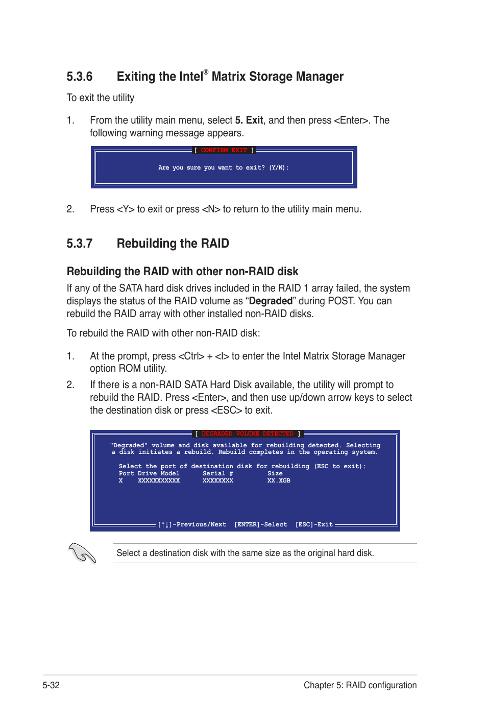 7 rebuilding the raid, 6 exiting the intel, Matrix storage manager | Rebuilding the raid with other non-raid disk | Asus Z8NA-D6C User Manual | Page 134 / 168