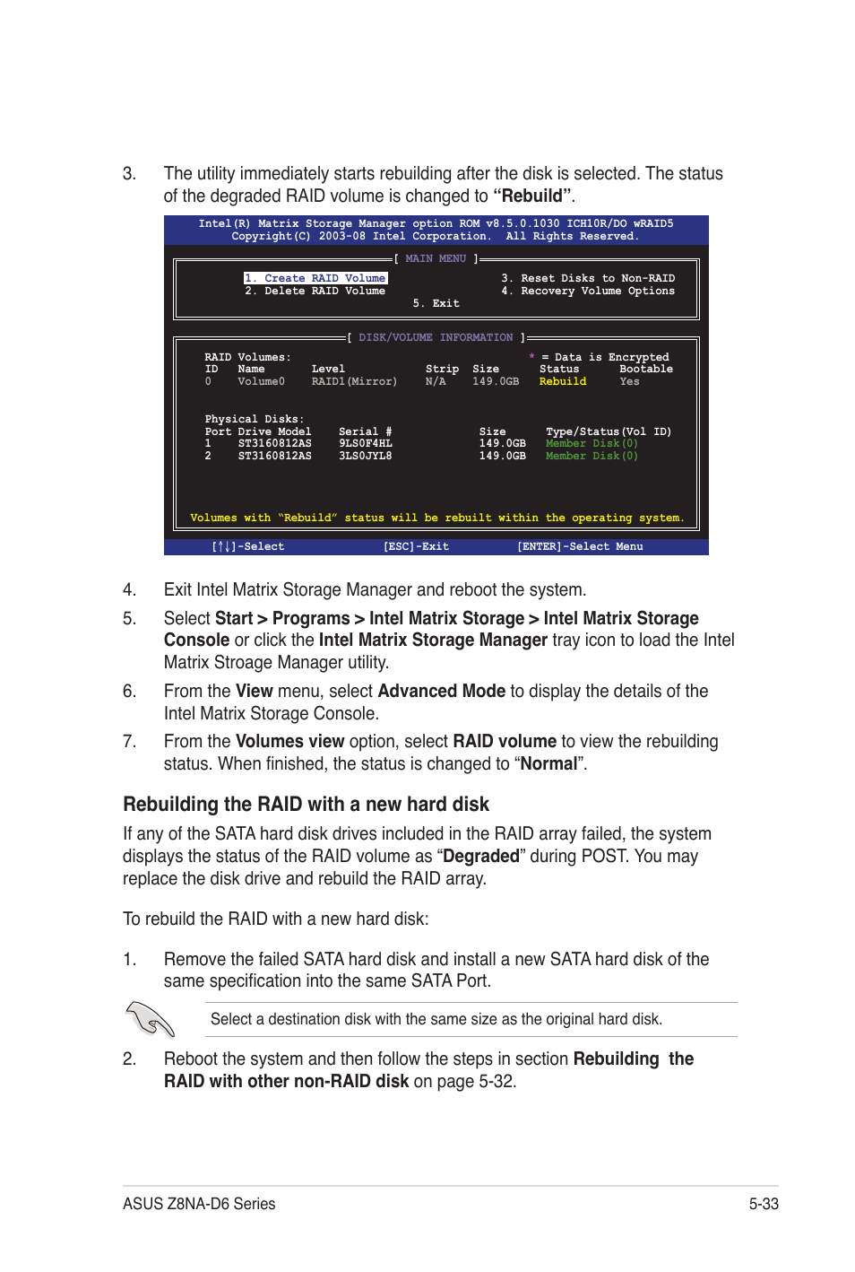 Rebuilding the raid with a new hard disk | Asus Z8NA-D6C User Manual | Page 135 / 168