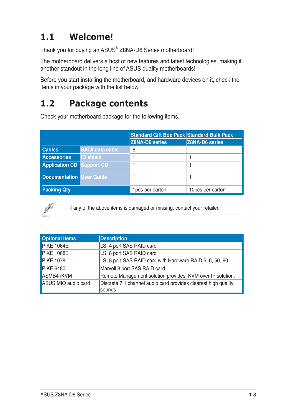 1 welcome, 2 package contents | Asus Z8NA-D6C User Manual | Page 17 / 168